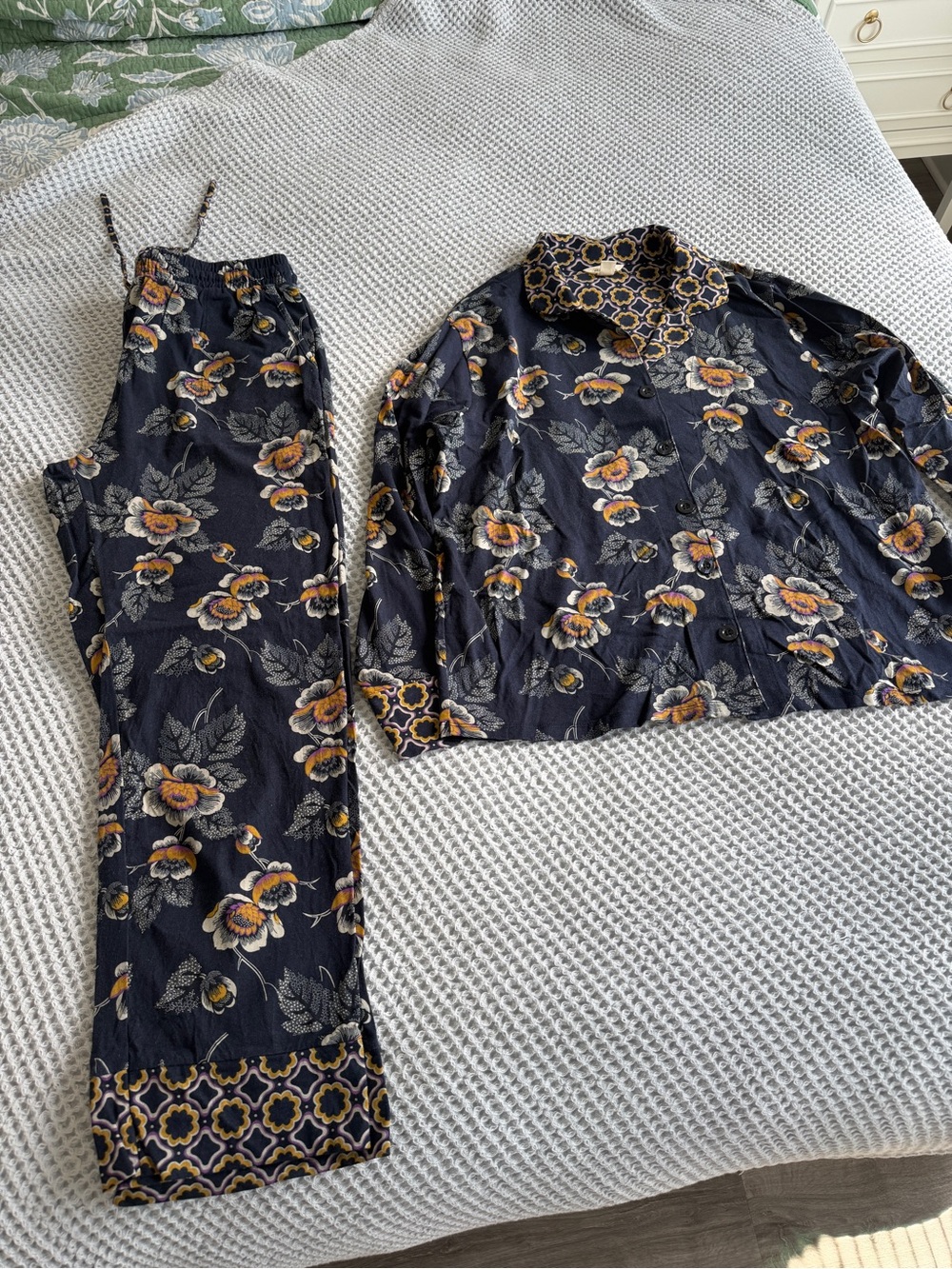 Vera Bradley Navy Floral Pajama Set with Yellow Accents